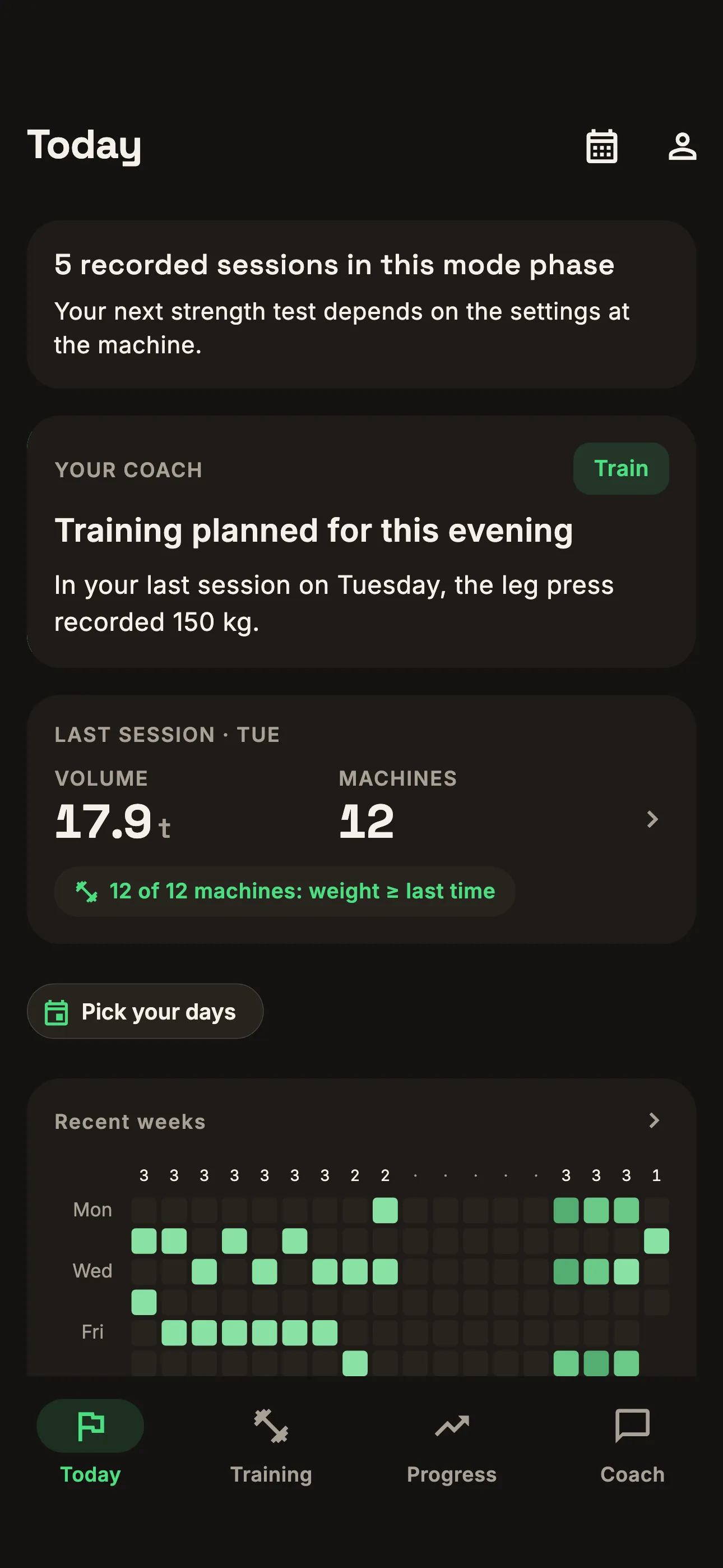 Today: coach message, weekly plan and recent training