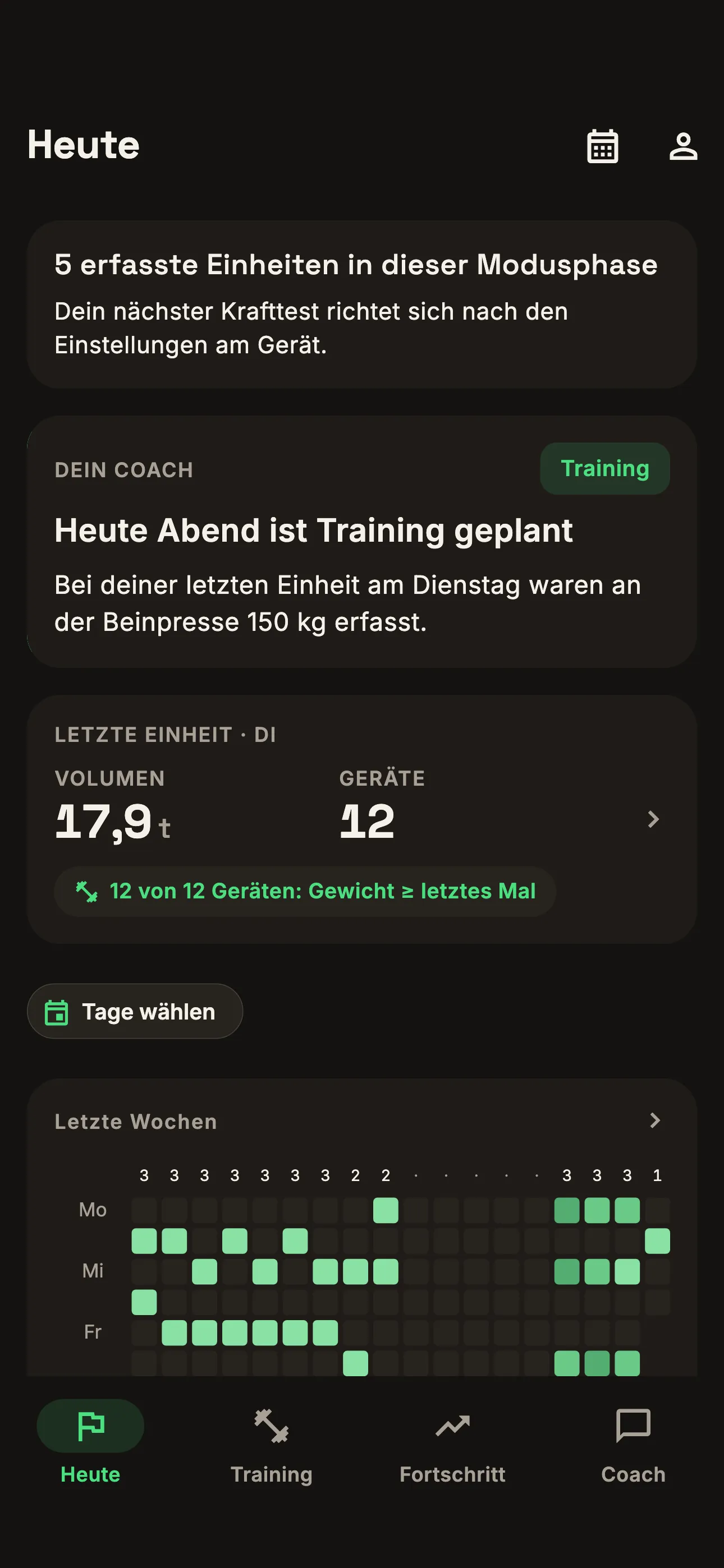 Heute: Coach-Nachricht, Wochenplan und letzte Einheiten