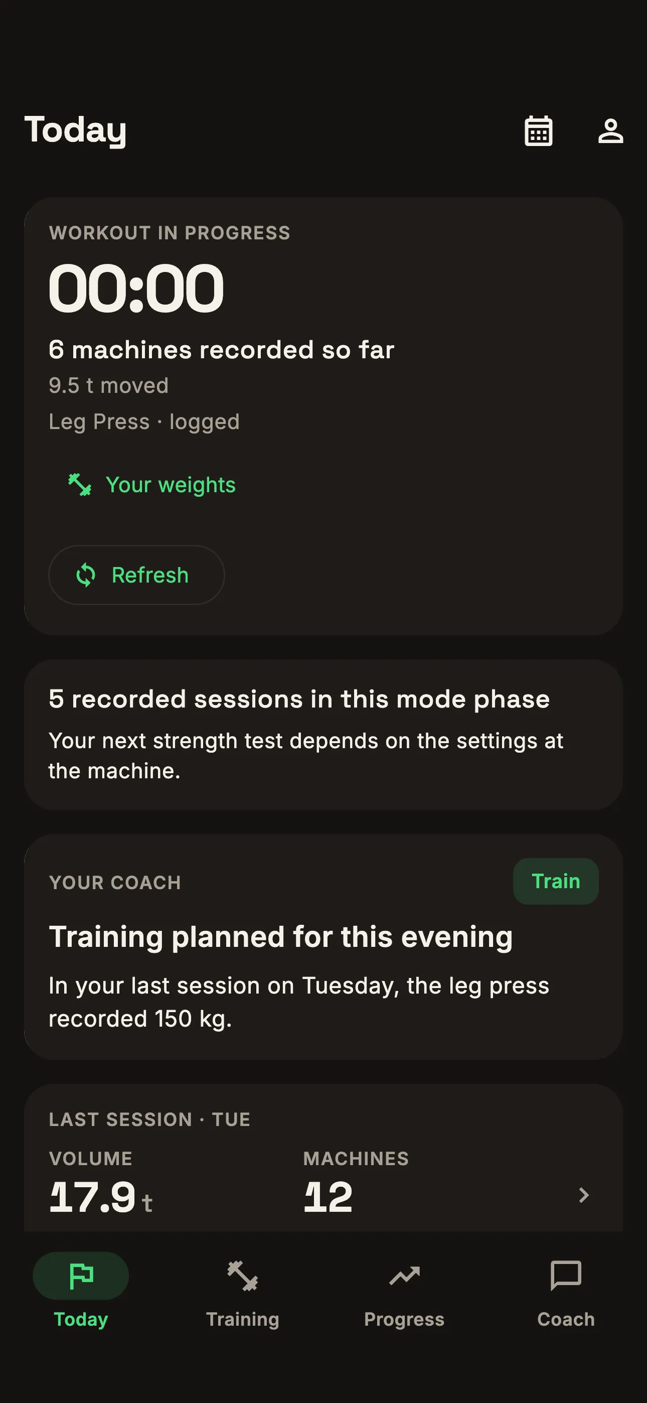Ongoing workout with elapsed time and recorded machines