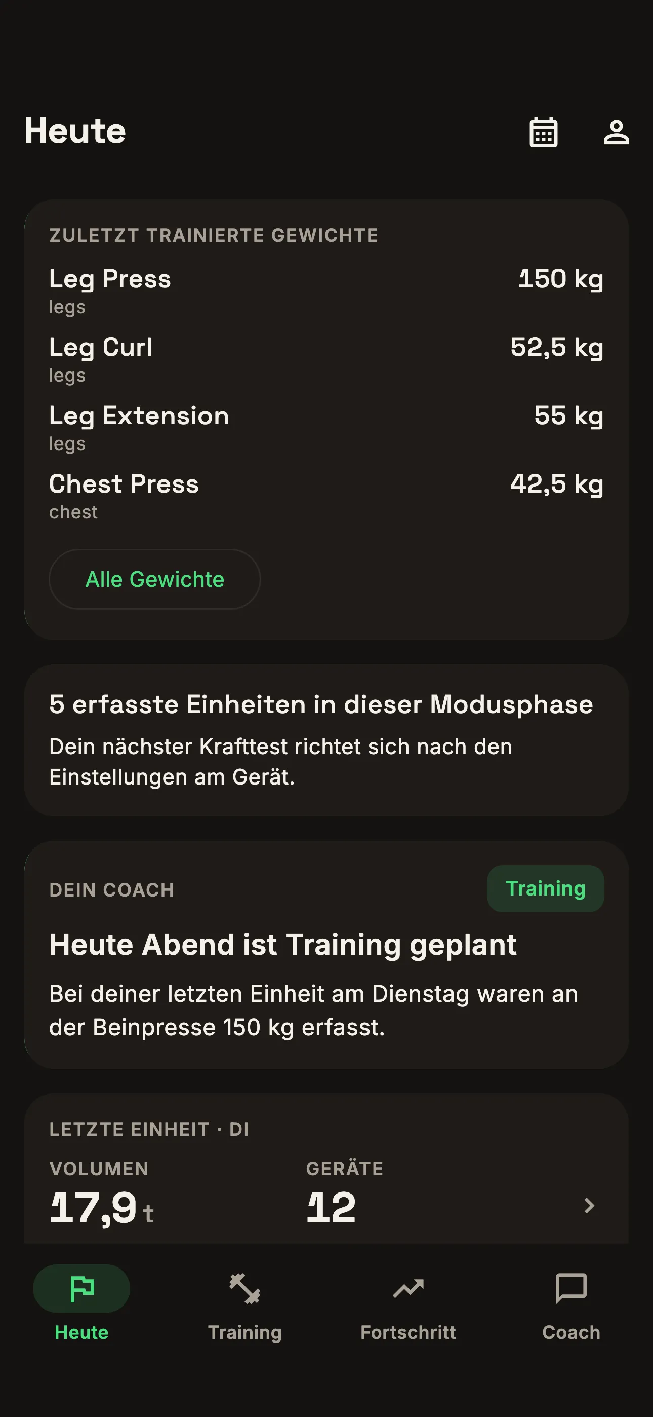 Zuletzt erfasste Arbeitsgewichte je Gerät