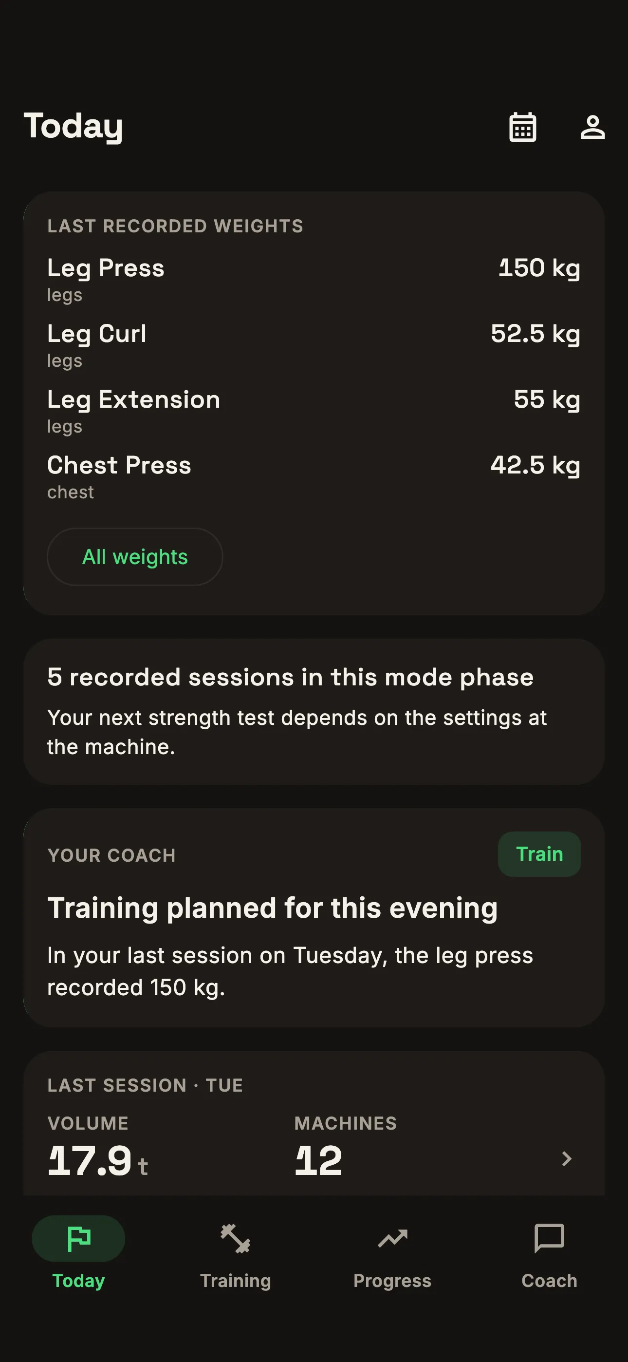 Previously recorded working weights by machine